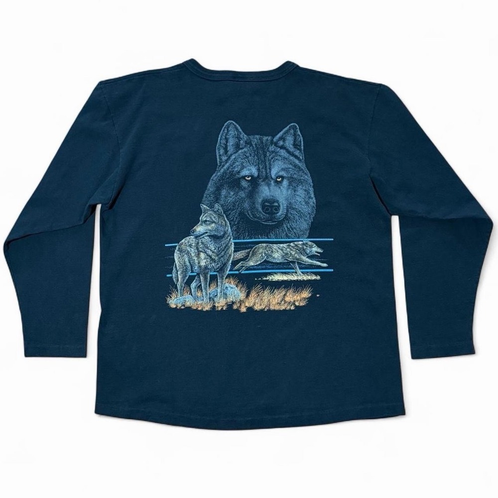 Vintage 90s Wilderness Wolf Nature Animal Henley Button Up Thermal Shirt Large